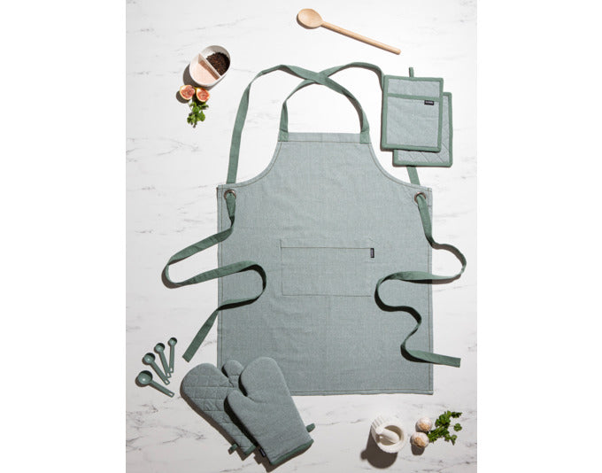 Zwei grüne Topflappen aus recyceltem Material mit Blattdesign, ideal für die Küche. Maße: 19x24 cm, umweltfreundlich und stilvoll.