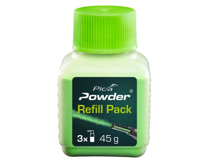 PICA Powder Nachfüllpulver, kleine grüne Verpackung mit Kreidepulver, kompaktes Büromaterial zum Nachfüllen von Markiersystemen.