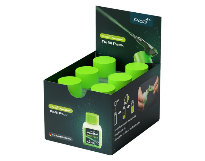 PICA Powder Nachfüllpulver, kleine grüne Verpackung mit Kreidepulver, kompaktes Büromaterial zum Nachfüllen von Markiersystemen.