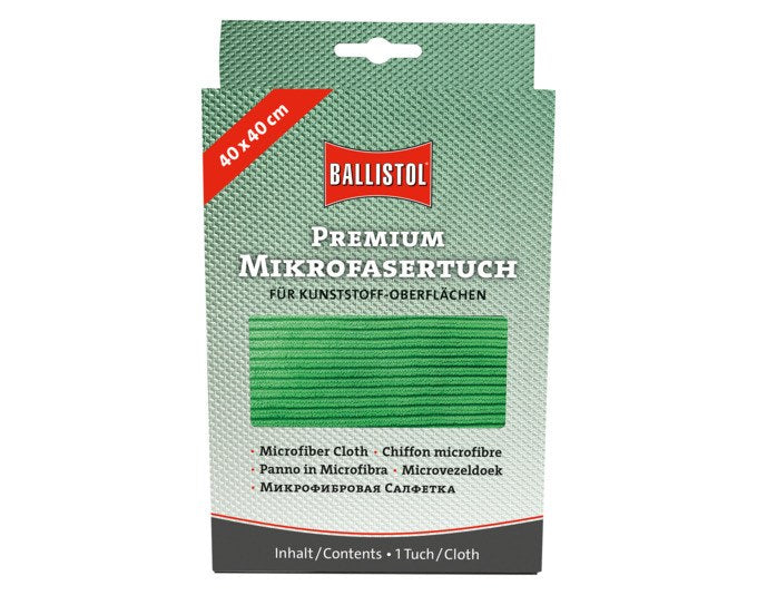 Grünes Mikrofasertuch von BALLISTOL, quadratisch gefaltet, 40x40 cm gross, mit spezieller Webstruktur für die Oberflächenreinigung.