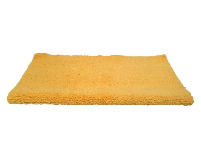 Gelbes quadratisches Mikrofasertuch von BALLISTOL, 30x30 cm, mit glatter und hochfloriger Seite, aus Polyester und Polyamid.