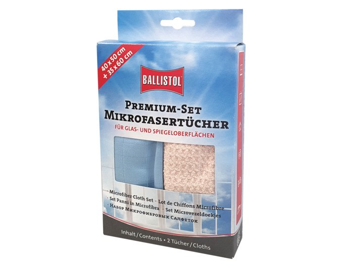 Zwei Mikrofasertücher aus Polyester und Polyamid, eines beige mit Waffelstruktur, eines blau und seidig, für die Glasreinigung.