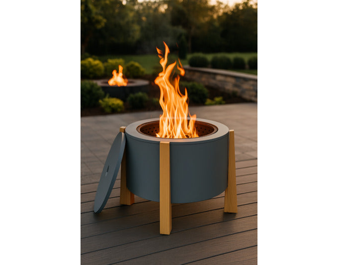 Moderne WOOH Feuerstelle Pellets Lion in stilvollem Design, ideal für gemütliche Abende im Freien. Perfekt für jede Terrasse.