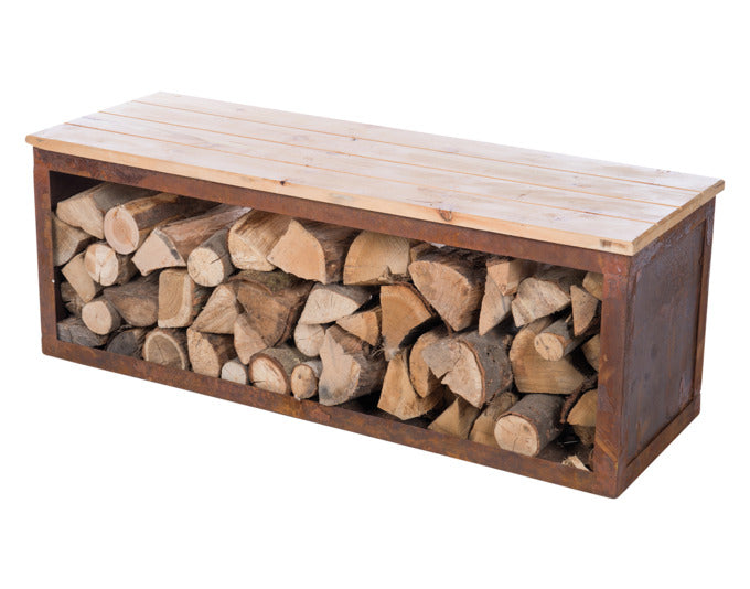 REDFIRE Holz-Aufbewahrungsbank Tyr 120 cm, stilvolle und praktische Aufbewahrungslösung für Holz, ideal für Feuerschalen im Garten.