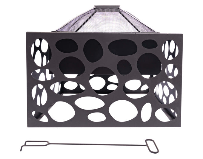 Schwarze REDFIRE Feuerstelle Mikor, elegant und modern, ideal für gemütliche Abende im Freien, aus robustem Material gefertigt.