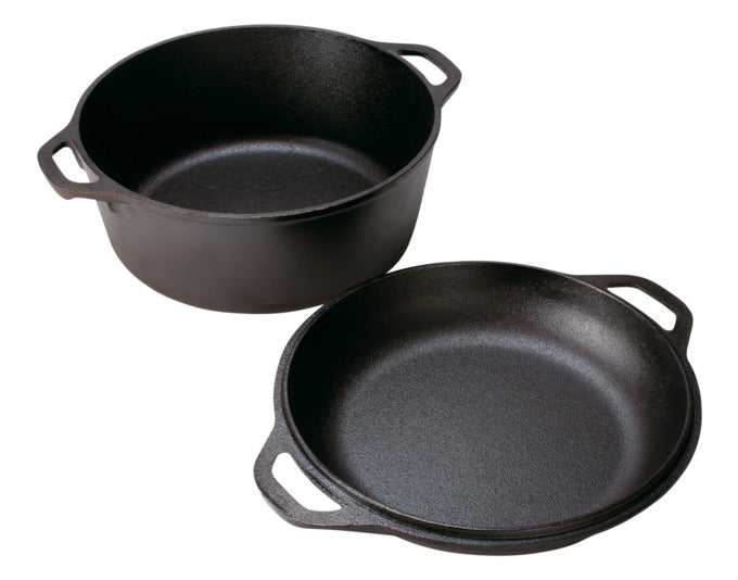 LODGE Dutch Oven Double Grilltopf mit Deckelpfanne, ø 26 cm, ideal für Outdoor-Grillen und vielseitige Kochmöglichkeiten.