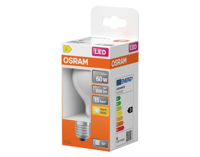 OSRAM LED Retrofit Classic A E27 Lampe mit 5.9W und 806lm, frosted, warmweißes Licht für gemütliche Beleuchtung.