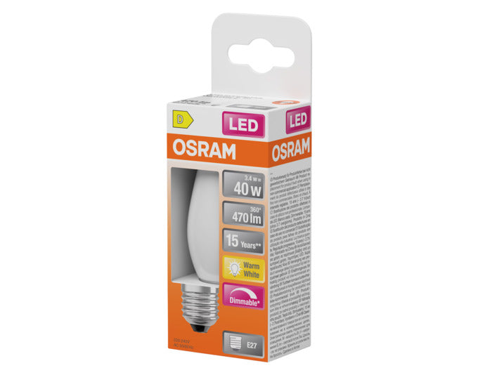 OSRAM LED Retrofit Classic B E27 3.4W, dimmbar, 470lm, warmweiß, frosted Design, ideal für stimmungsvolle Beleuchtung in jedem Raum.