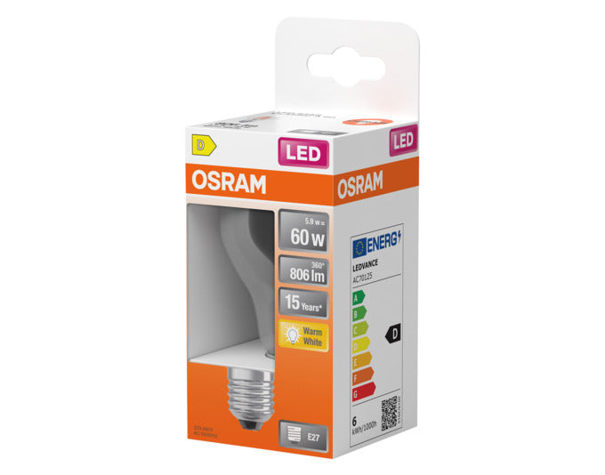 OSRAM LED Retrofit-Lampe Star Classic A E27, 5.9W, 806lm, klare Glühbirne in warmweißem Licht für gemütliche Beleuchtung.