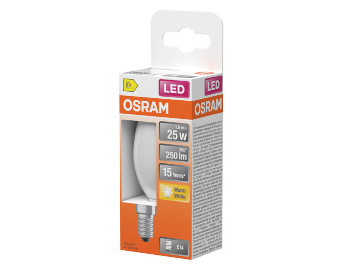 OSRAM LED Retrofit-Lampe Star Classic B E14, 1.8W, 250lm, matt, warmweiß, ideal für gemütliche Beleuchtung in Wohnräumen.