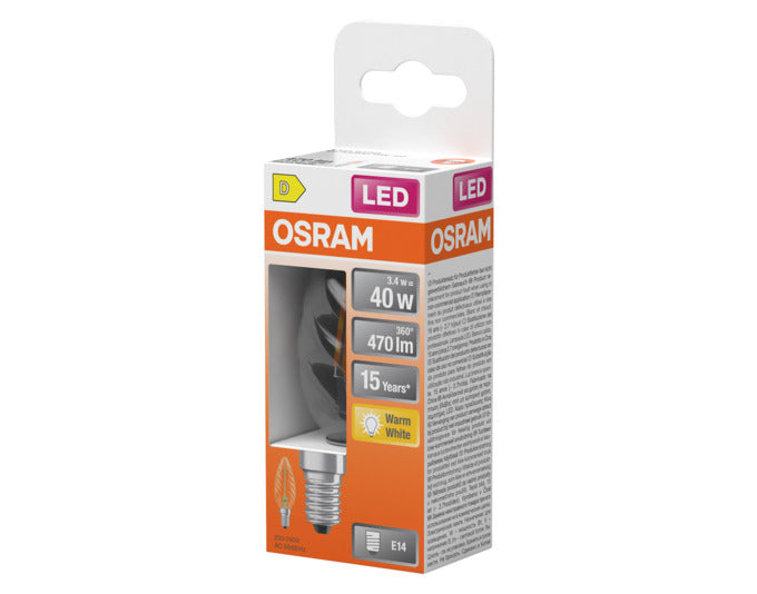 OSRAM LED Retrofit-Lampe E14, 3.4W, 470lm, klar, warmweiß – energieeffiziente Beleuchtung für ein gemütliches Ambiente.