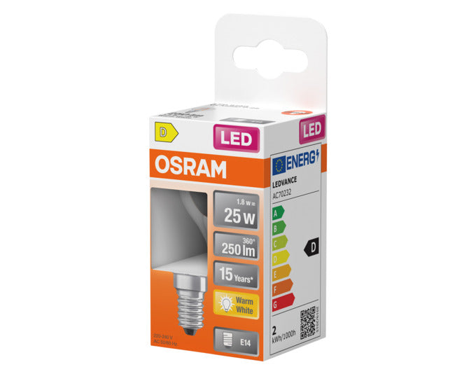 OSRAM LED Retrofit-Lampe E14, 1.8W, 250lm, klar, warmweiß – energieeffiziente Beleuchtung für ein gemütliches Ambiente.
