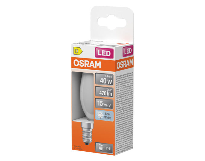 OSRAM LED Retrofit-Lampe E14, 3.4W, 470lm, frosted, kühles Weiß, ideal für energieeffiziente Beleuchtung in Wohnräumen.