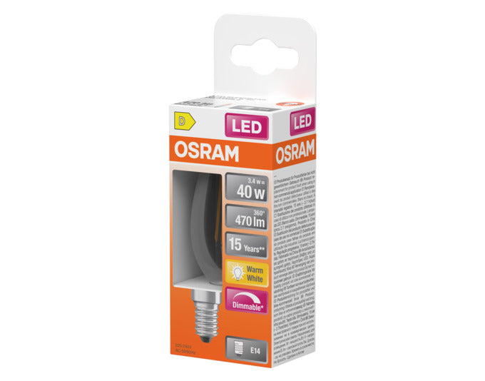OSRAM LED Retrofit-Lampe E14, 3.4W, 470lm, dimmbar, klare Glühbirne in warmweißem Licht für gemütliche Atmosphäre.