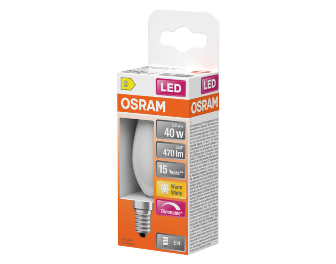 OSRAM LED-Lampe Retrofit Superstar Classic B E14 3.4W 470lm dimmable frosted Warm White in präsentiert im Onlineshop von KAQTU Design AG. Leuchtmittel ist von OSRAM