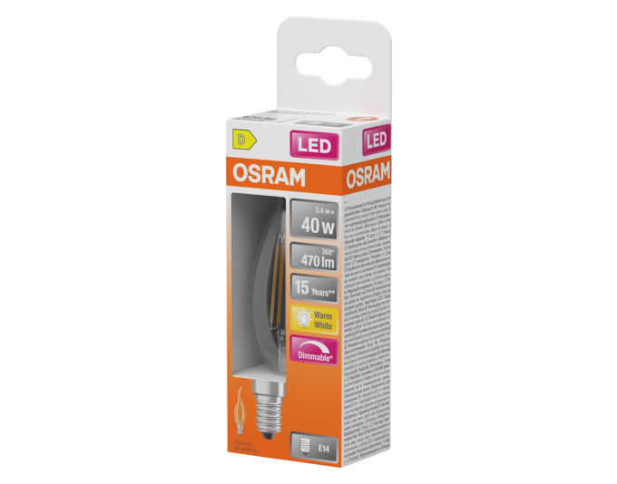 OSRAM LED Retrofit-Lampe E14, 3.4W, 470lm, dimmbar, klare Oberfläche, warmweißes Licht für gemütliche Atmosphäre.