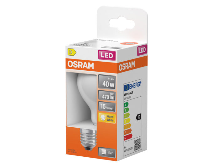 OSRAM LED Retrofit-Lampe Star Classic A E27, 3.4W, 470lm, matt, warmweiß, ideal für gemütliche Beleuchtung in Wohnräumen.