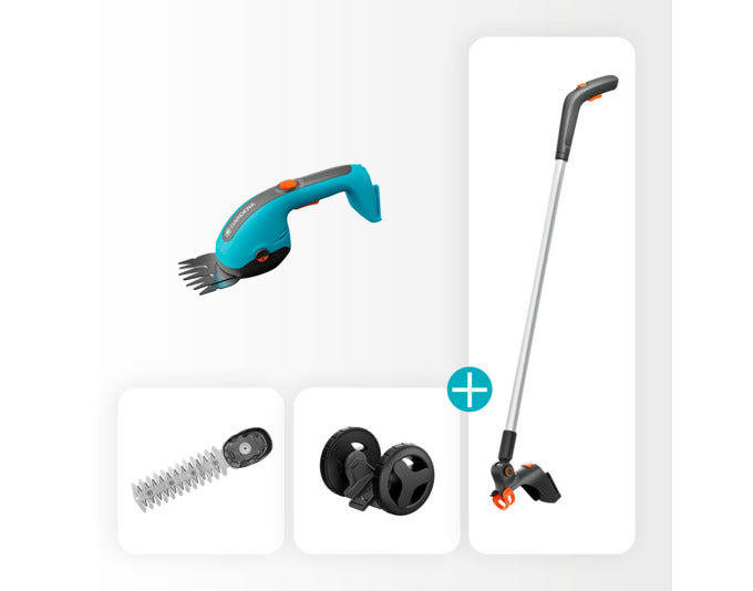 GARDENA Akku-Grasscheren-Set PowerCut 20/18V P4A solo, ideal für präzises Schneiden von Gras und Sträuchern, abgebildet in einer ansprechenden Gartenumgebung.