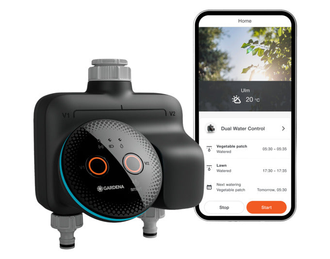 GARDENA Smart Dual Water Control: Innovatives Bewässerungssystem für präzise und effiziente Gartenbewässerung, ideal für verschiedene Pflanzenbedürfnisse.