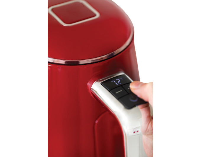 Eleganter NOVIS Wasserkocher Iconic Line KTC1 in leuchtendem Rot, ideal für stilvolles Kochen und modernes Küchendesign.