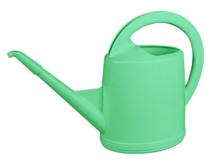 Grüne Giesskanne aus Kunststoff mit ergonomischem Griff und abnehmbarem Ausguss, Modell Jelly Mint von STÖCKLI, 4 Liter Fassungsvermögen.