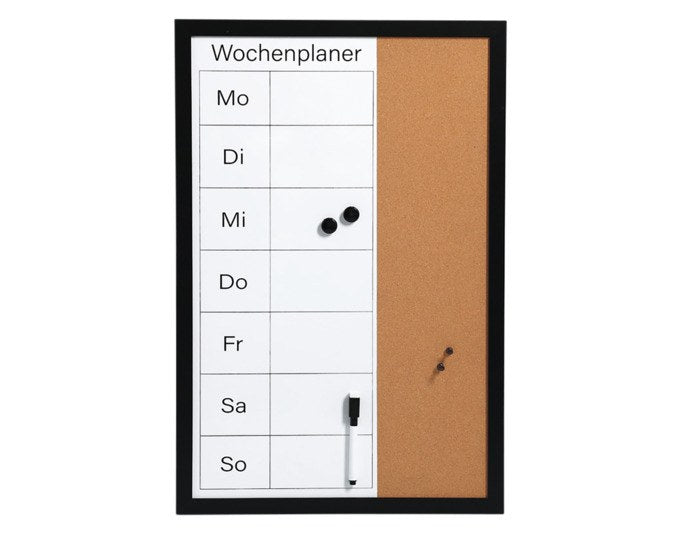 Schwarzes Memobord aus MDF und Kork, 40x60 cm, mit beschreibbarer magnetischer Fläche und Korkbereich zum Anpinnen von Notizen.