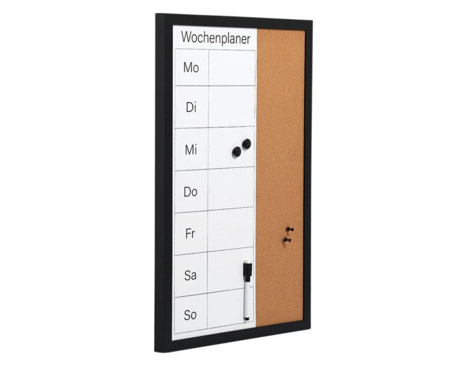 Schwarzes Memobord aus MDF und Kork, 40x60 cm, mit beschreibbarer magnetischer Fläche und Korkbereich zum Anpinnen von Notizen.