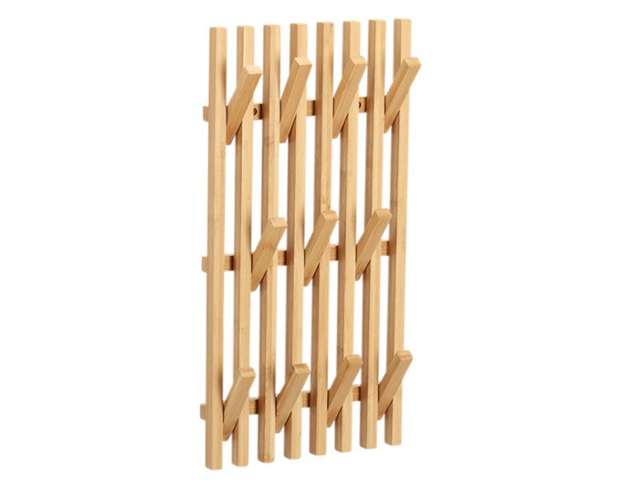 Wandgarderobe aus Bambus in Natur/Braun mit mehreren Kleiderhaken zur Wandmontage, sichtbare warme Holzstruktur der Oberfläche.