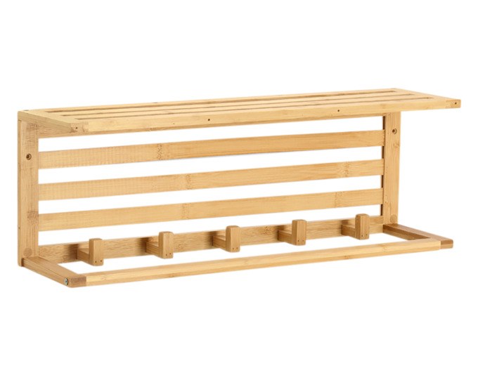 Wandgarderobe aus Bambus mit fünf Haken in den Farben Natur und Braun, montiert an einer Wand, Masse 57x15x20 cm.