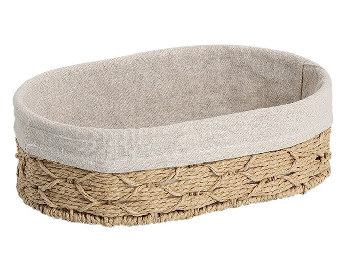 Ovaler Brotkorb aus Papiergeflecht in Naturfarbe, Masse 30x20x10 cm, mit eingelegtem Baumwollbeutel zur Aufbewahrung von Brot und Backwaren.