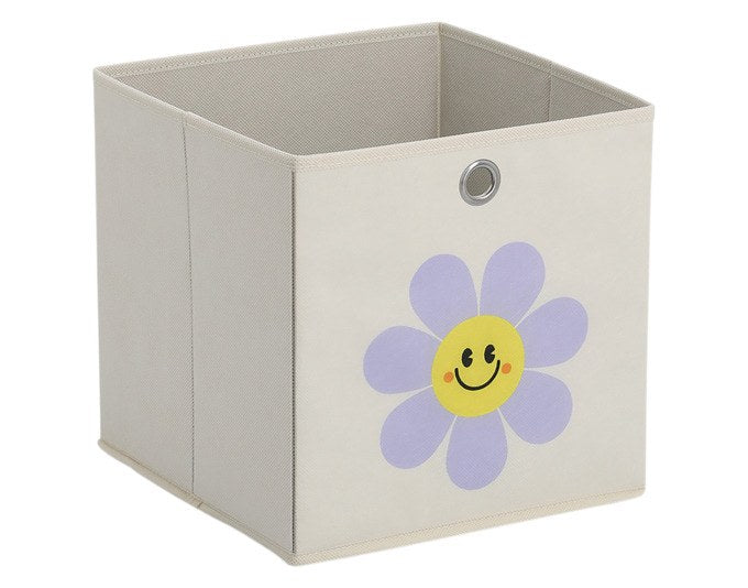 Faltbare Aufbewahrungsbox aus Vlies in Creme und Weiss mit Blumenmotiv, quadratische Form, Masse 28x28x28 cm, offene Boxenstruktur ohne Deckel.