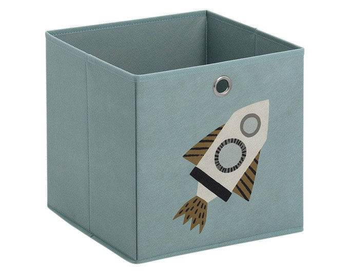 Petrolfarbene Aufbewahrungsbox aus Vliesmaterial mit Rocket-Motiv, quadratische Form, Masse 28x28x28 cm, offene Boxenstruktur von ZELLER PRESENT.