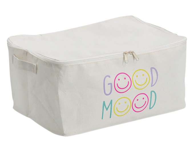 Cremefarbene Aufbewahrungsbox aus Polyester mit Reissverschluss, Masse 39x29x18 cm, ZELLER PRESENT, auf hellem Hintergrund fotografiert.