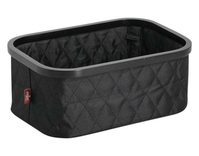 ZELLER Aufbewahrungskorb in Schwarz, rechteckige Form aus Polyestergewebe mit stabilem Bambusrahmen, aufgenommen als Einzelprodukt.