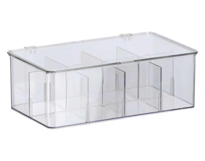 Transparenter Kunststoff-Organizer von ZELLER PRESENT mit mehreren unterteilten Segmenten in rechteckiger Form, Grösse 27.5x16.5x9.5 cm.
