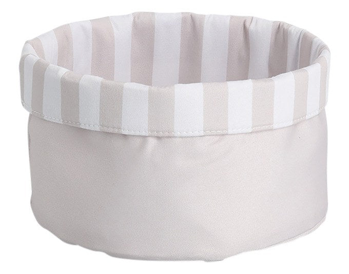 Beige-weiss gestreifter Brotkorb aus Baumwolle und Polyester von ZELLER PRESENT, runde Form, Durchmesser 23 cm, Höhe 13 cm.