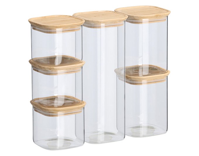 Sechsteiliges Vorratsglas-Set aus Borosilikatglas mit Bambusdeckeln in drei Grössen, transparent mit natürlichem Holzabschluss.