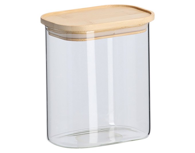 Transparentes Vorratsglas aus Glas mit rundem Deckel aus hellem Bambusholz, in den Farben Natur, Transparent und Braun.