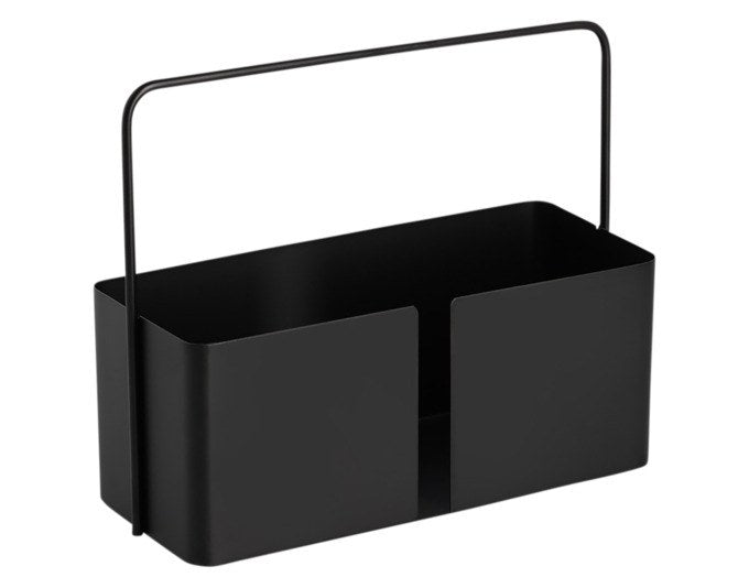 Schwarzer Utensilienhalter aus Metall mit Bügelgriff und geteilter Innenaufteilung, Masse 30x12x24 cm, auf hellem Hintergrund.