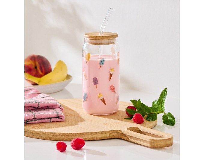 Transparentes ZELLER Trinkglas aus Glas mit natürlichem Bambusdeckel und Glastrinkhalm, Fassungsvermögen 450 ml, Höhe 15.5 cm.