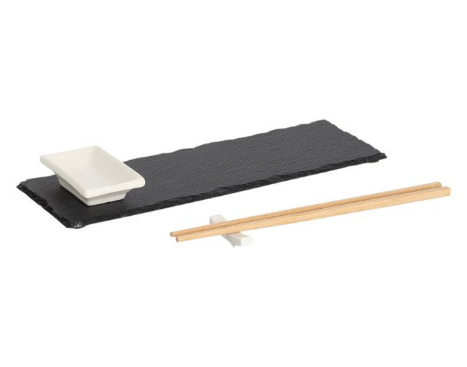 ZELLER Sushi-Set anthrazit 4-teilig mit Schieferplatte, Keramikschale und Bambusstäbchen, Grösse 30x10 cm, Farbe Anthrazit/Grau.