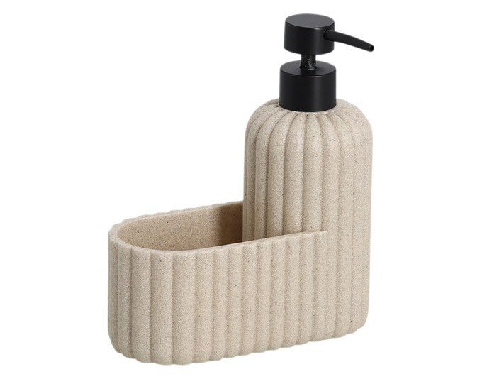 Spülbecken-Organizer aus Polyresin in Beige und Braun, kompakte Form mit getrennten Ablagebereichen für Spülutensilien am Waschbecken.