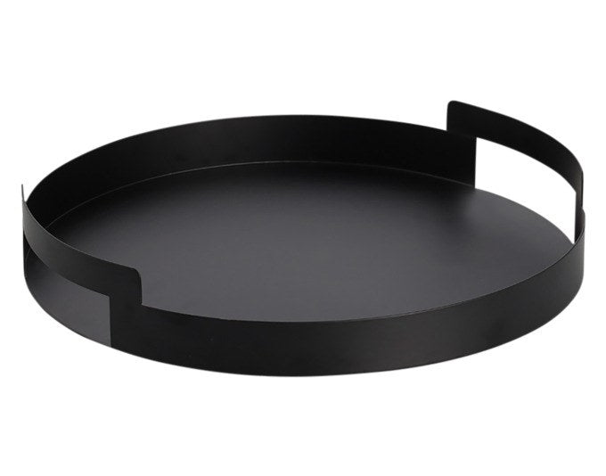 Rundes Serviertablett aus schwarzem, pulverbeschichtetem Metall mit Grifföffnungen, Durchmesser 33 cm, Höhe 5.5 cm, von ZELLER PRESENT.