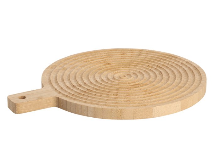 Rundes Schneidbrett aus Bambusholz in Natur und Braun mit seitlichem Griff und gestreifter Musterung, Durchmesser 30.5 cm.