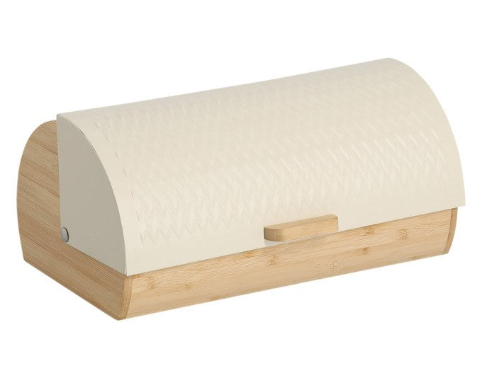 Rollbrotkasten aus Bambus und Metall in Creme/Weiss mit rollbarer Front, rechteckige Form, Aufbewahrung für Brot und Backwaren in der Küche.