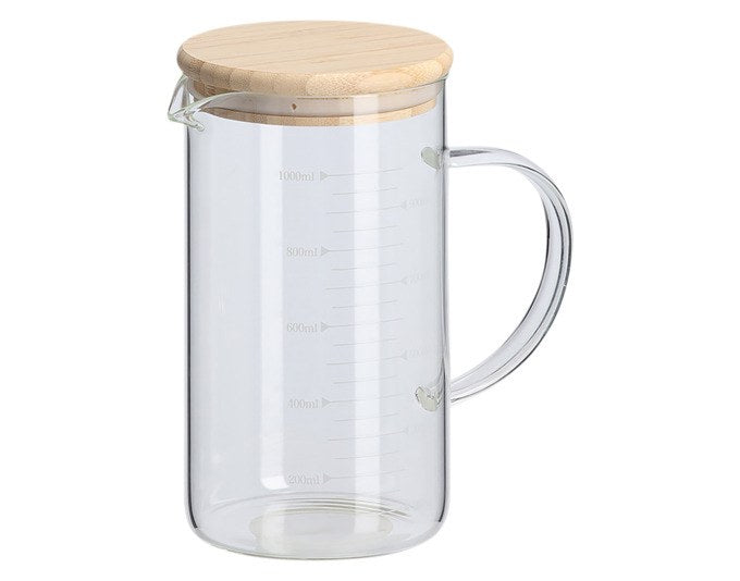 Transparenter Messbecher aus Borosilikatglas mit Skala und braunem Bambusdeckel, rund, Fassungsvermögen 1 Liter, Höhe 17.5 cm.