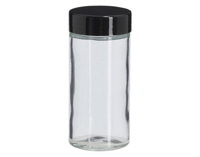 Gewürzglas aus klarem Glas mit schwarzem Metalldeckel aus PP, zylindrische Form, Durchmesser 4 cm, Höhe 9.3 cm, Volumen 90 ml.