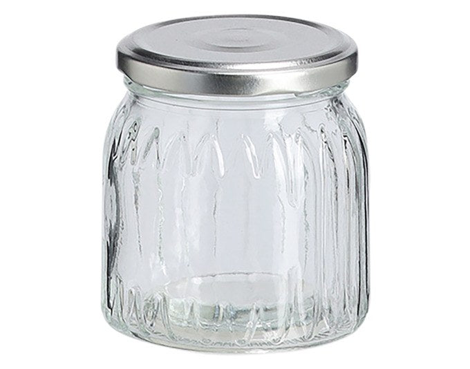Transparentes Einmachglas aus Glas mit silbernem Metalldeckel, strukturierte Oberfläche, 280 ml Fassungsvermögen, Höhe 8.6 cm.