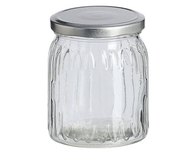 Transparentes ZELLER Einmachglas mit Metalldeckel, 470 ml Fassungsvermögen, Durchmesser 9 cm, Höhe 11 cm, strukturierte Glasoberfläche.