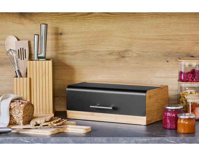 Brotkasten aus Bambus und Metall in Natur und Schwarz mit Edelstahlabdeckung, rechteckige Form, Grösse 36.3x20x13.5 cm.